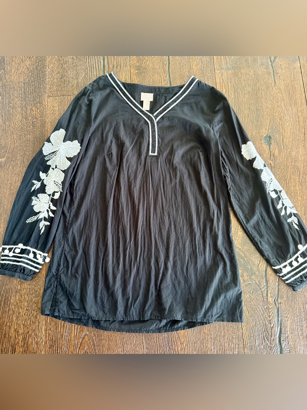 Chico's Black Tunic with White Floral Sleeve Embroidery